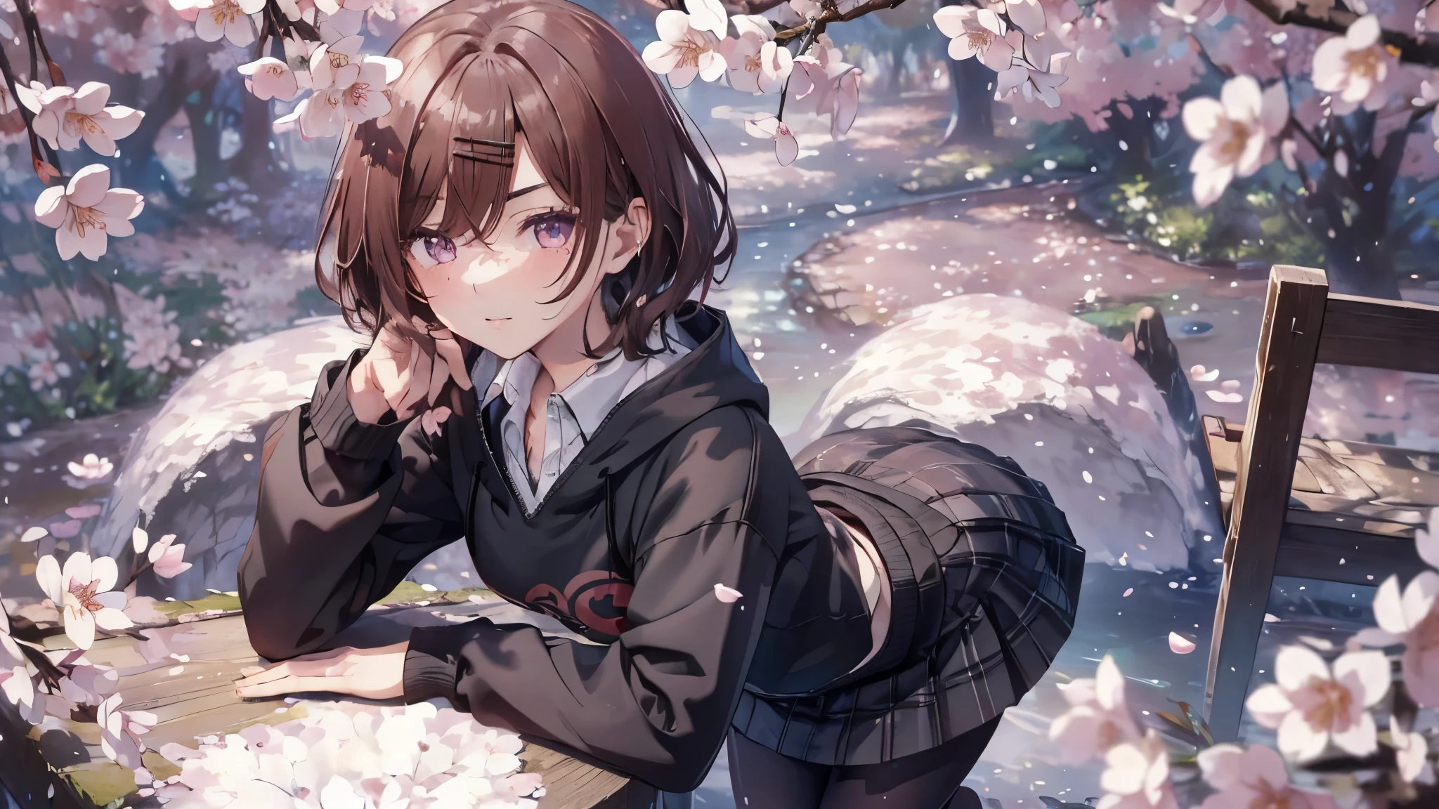 (best image quality, masterpiece:1.2), (super detail drawing),from behind, from above、(full body:1.3), A kaleidoscope of vibrant blossoms and enchanting cherry trees々surrounded by、A girl stands in a breathtaking city landscape。(Walking through the cherry blossom district:1.2),(sky scraper:0.6) ,The starry sky above is illuminated with mysterious colorful lights, Create a fantastic atmosphere, BREAK　①Quality：(1girl:1.3),(Perfect hands:1.3),(Perfect Anatomy:1.3), (master piece:1.3),(best quality:1.3), detailed,8k ②th：high resolution,beautiful detailed eyes, cute eyes, sparkling pupils, Intricate Iris Details, Captivating Eye Reflections, Sparkling Highlights in the Eyes, Depth and Dimension in the Pupils, Subtle Color Variations in the Iris, Meticulous Eyelash Details, detailed eyes, ③Lighting：Best Illumination, Part ④⑤: ultra-detailed face,detailed skin, ⑥Body shape：(slender body type:1.3), Seven heads, small head, ⑦Skin: ⑧Expression：(blush:1.1), Looking at Viewer, waiting for a kiss, ⑨Style: ⑩Subject：Oh Madoka, (mole under eye:0.8)、aamadoka,(mole under eye:0.8),short hair,bangs,hairclip,black sweater,hood,long sleeves,collared shirt,plaid skirt,grey skirt,(black pantyhose:1.4), thighband pantyhose,loafers,brown footwear, short hair、bangs、Hair clip ⑪Hair: shiny hair, floating hair, short hair, brown hair, mole under eye, mole, hair ornament, hairclip, BREAK ⑫Environment： ⑬Composition： ⑭Costume : piercing,　(wrinkles between eyebrows:1.3)、