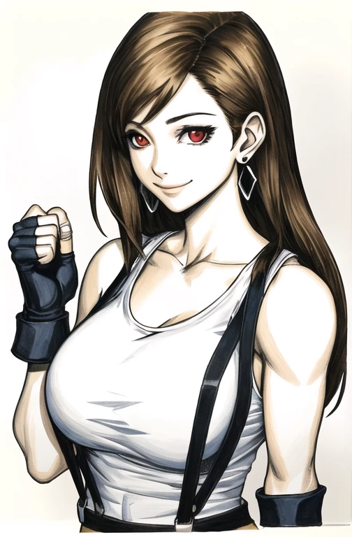 artgerm, masterpiece, extremely detailed, 1girl, tifa lockhart, bare shoulders, fingerless gloves, breasts, brown hair, clenched hand, closed mouth, collarbone, earrings, jewelry, large breasts, looking at viewer, red eyes, shirt, smile, solo, suspenders, swept bangs, tank top, taut clothes, taut shirt, traditional media, upper body, white tank top  