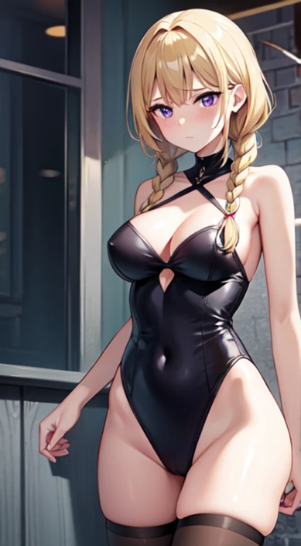 最high quality,very detailed,high quality,Extremely detailed,masterpiece,Super fine,ultra high resolution,超high quality,super realistic、(1 person:1.2)、woman、(Mature:1.5)、Blonde Hair Color、(Braid)、(Captivatingly shining purple eyes)、big breasts 、slender body、(embarrassed face:1.3)、blush、leotard、High leg