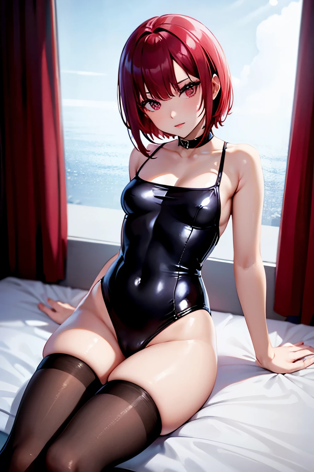 rio, Super Blackjack、red hair、short hair、Swimsuit、pantyhose、Photo from below、medium chest、Bedroom、transparent swimsuit