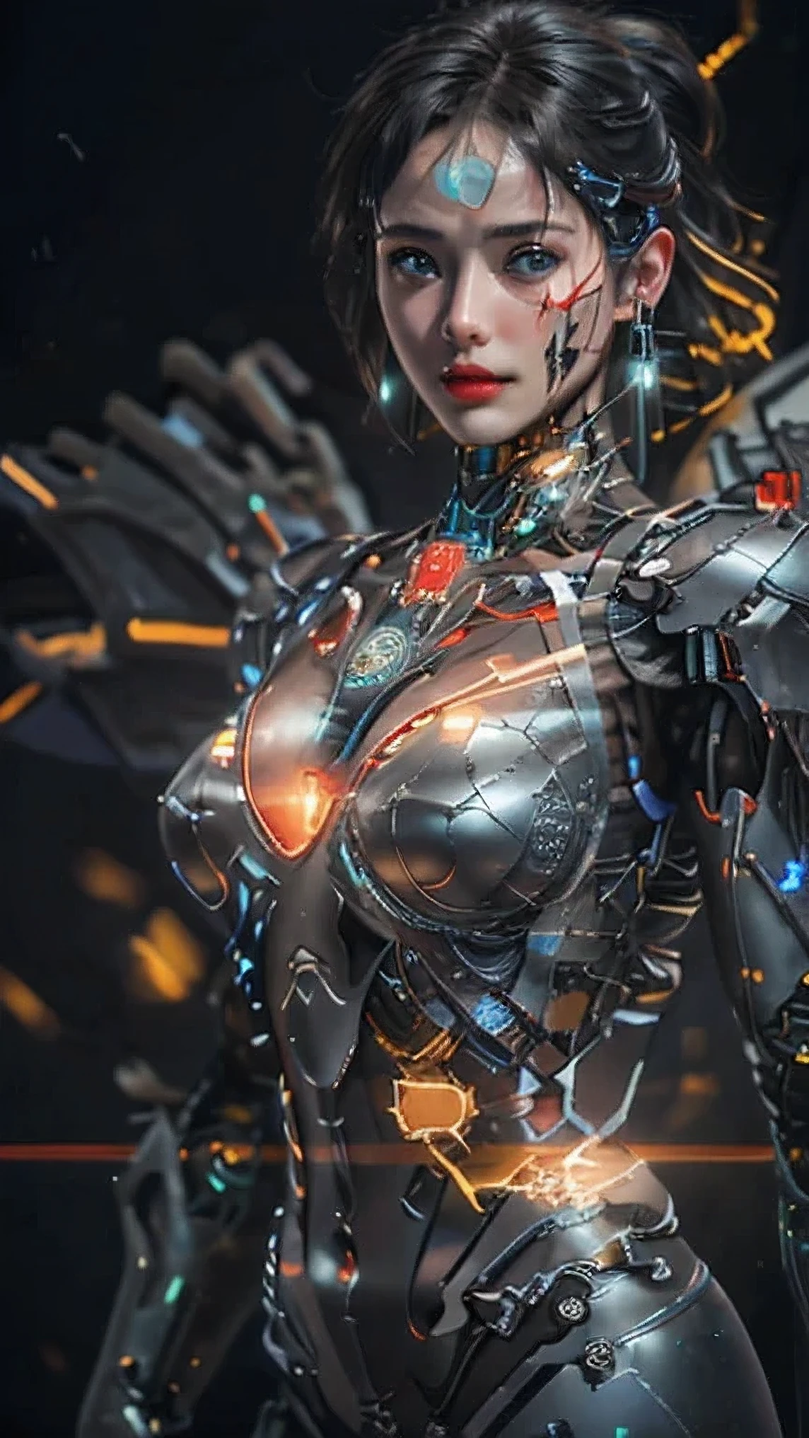 (masterpiece), (extremely intricate:1.3), (realistic), portrait of a girl, the most beautiful in the world, (black cyborg armor), metal reflections, full body, complex detail background, dyson sphere background, nighttime, professional photograph of a stunning woman detailed, sharp focus, dramatic, award winning, cinematic lighting, octane render unreal engine, volumetrics dtx, (film grain), sexy, long hair pony tail style, (realism:1.6), (realistic skin texture:1.3), beautiful blue eyes, perfect face, lipstick,
Top Quality, Masterpiece, Ultra High Resolution, (Photorealistic: 1.4), Raw Photo, 1 Girl, Black Hair, Glossy Skin, 1 Mechanical Girl, (Ultra Realistic Details)), Portrait, Global Illumination, Shadows, Octane Rendering, 8K, Ultra Sharp, Big, Cleavage Exposed Raw Skin, Metal, Complex Ornaments Details, Cold Color, Egyptian details, very intricate details, realistic light, CGSoation trend, glowing eyes, facing the camera, neon details, blood vessels connected to tube, mechanical black cervical attachment to the neck, wires and cables connecting to the head, evangelion, small LED lamp, Indonesian girl, perfect breast, spread black mechanical wings, led mechanical complex earings, 