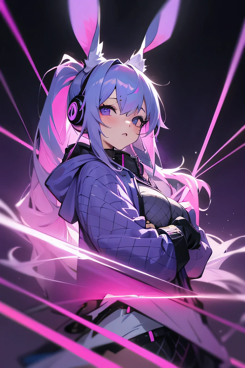 (Anime girl with headphones with rabbit ears and mask) ,Gray long ponytail hairstyle,There are pink-purple lights and blue lights on the body, anime girl in hoodie and fishnets, Best anime 4k konachan wallpaper, anime girl, E-Girl, e - girl, anime goth rabbit girl