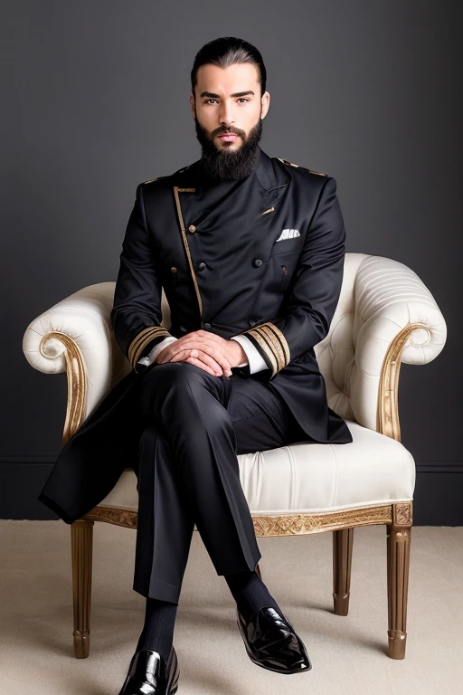 ((demi-corps)) RAW Photo homme assis sur une chaise de bureau, porter vêtements prince arabe homme riche, (Utiliser une barbe foncée et attrayante), (Impeccable) ,Serious and elegant man, with thick male eyebrows, style homme, (with a mysterious and serious face,) cheveux bruns courts, dark black background image,Elegant and refined, homme semblable à l'prince arabe, ( image de haute qualité et réaliste), ((best quality, 8K, chef-d'artwork).