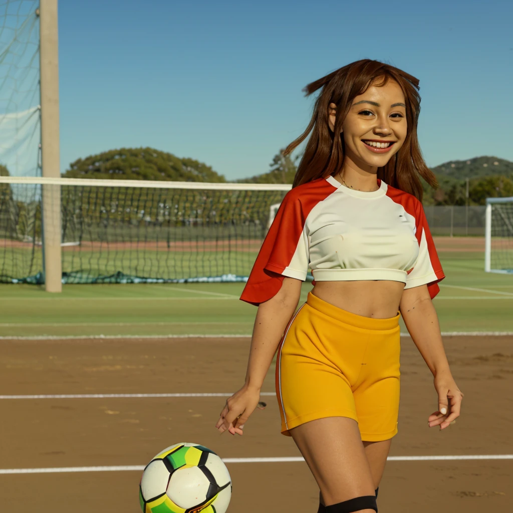 Reggie Abbot,Una chica ,Sola ,Soccer field, Sonriendo,red soccer sports shirt , amarillo y negra como la bandera de Alemania,Short blanco ,tennis negros,soccer ball next ((alta calidad)),((imagen definidas)),((cuerpo entero y perfecto)).