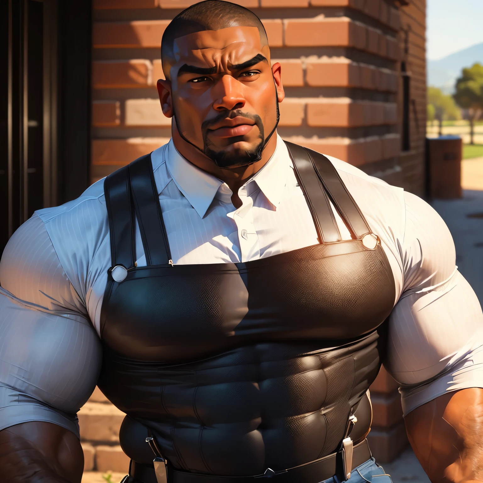 1boy, African American, solo, facial hair,34 yrs old, dom, male focus, flaccid penis, bald head, pectorals, bara, muscular, mature male, muscular male, abs, beard, ring nipples, chest harness, short hair, navel, stomach, large pectorals, thick eyebrows, bare pectorals, dark-skinned male, erection, thighs, erection under clothes, fancy suit, dark skin, tie, open shirt, jacket, grey business suit, pectoral cleavage, cowboy shot, cop agent uniform, feet out of frame, thick thighs, looking at viewer, masterpiece, 4k, high quality, highres, absurdres,