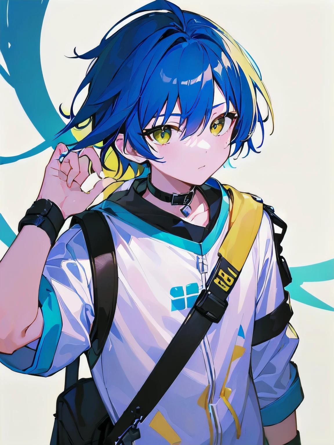 [(WHITE BACKGROUND:1.5),::5], ((((masterpiece)))), high quality, very_high_resolution, large_filesize, full color, ((younger boy)), 13 old year, short deepblue hair, vivid color, ((yellow eye)), civilian clothes white, anime, Below the knee to upper body