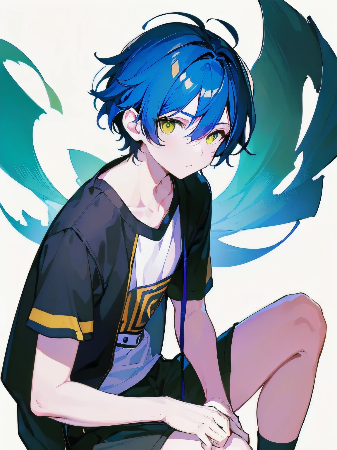 [(WHITE BACKGROUND:1.5),::5], ((((masterpiece)))), high quality, very_high_resolution, large_filesize, full color, ((younger boy)), , short deepblue hair, vivid color, ((yellow eye)), civilian clothes white, anime, Below the knee to upper body