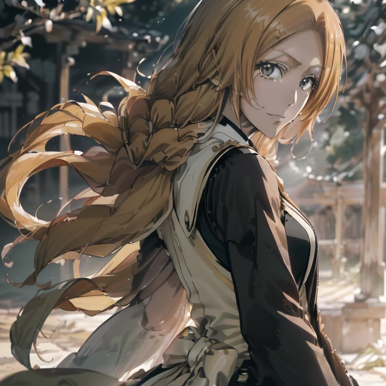 ((Orihime Inoue from the anime "Bleach," (obra maestra, ultra detallado), Best Quality, 1 girl in, a blond-haired anime boy with red hair and wearing a black jacket standing nearby, holding a cigarette, 8K resolution!
((Her beautiful and intricately detailed features are on full display as she stands still, looking at the viewer with a gentle smile. Orihime's long, flowing blond hair cascades down her back, gently swaying in the breeze. Her black sleeveless chopper jacket is unzipped, revealing the collar of her white shirt beneath, which is adorned with a yellow ribbon. Her