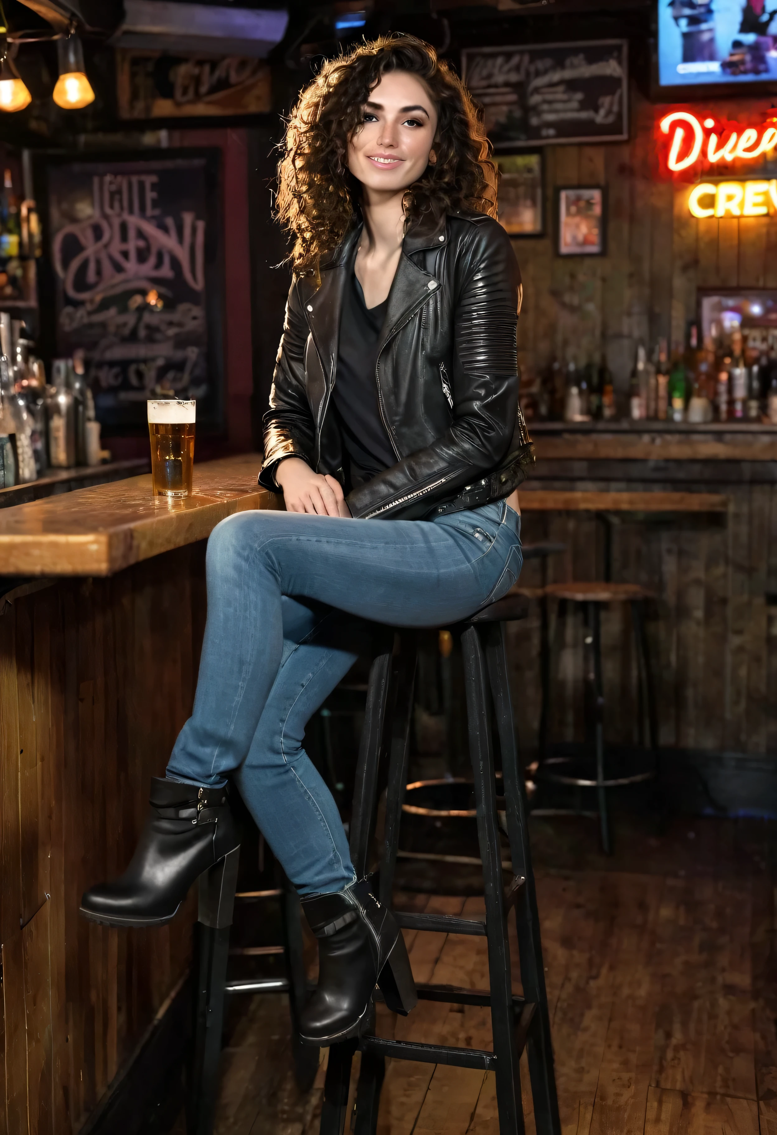 Photorealistic tall, slender woman sitting on a bar stool in a relaxed posture at a dive bar. Long, curly dark brown hair, strong features, dark eyes. Black jeans, high heeled combat boots, a leather jacket over a fitted light-colour crew-neck t-shirt. lopsided, slight smile, freckles, wide Roman nose, high detail, 4k, full-body shot