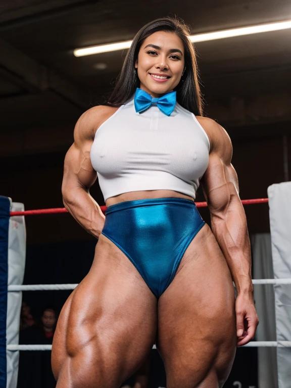 Chyna, A heavily muscled iffb pro female bodybuilder, (Raw photography:1.5)、(hight resolution:1.5)、(Raw photography:1.5),(Photorealsitic:1.38)、(sharp focus:1.5) 、18 only、One girl、((Cowboy Shots:1.2)),((Body Like a Male Bodybuilder:1.8))、((tall:1.4)),((Thick arms with sculpted muscles:1.28)),((long legged:1.4)),((Sculpted muscular thick thighs:1.65)),((large full breasts:1.2))、
((fair white skin))、(( super powerful thick quadriceps))
((Delicate and perfect beautiful face,beatiful detailed eyes、big eye、double eyelid、Smiling))、
(English latex uniform 、White short-sleeved shirt、a bow tie、Navy Blue latex Pleated Skirt、Dark blue high socks:1.2)),((hime-cut)),
((Standing up with a shrug:1.2))、
((In a WWE wrestling ring))、
looking at the viewers、Facing the audience,The dim、