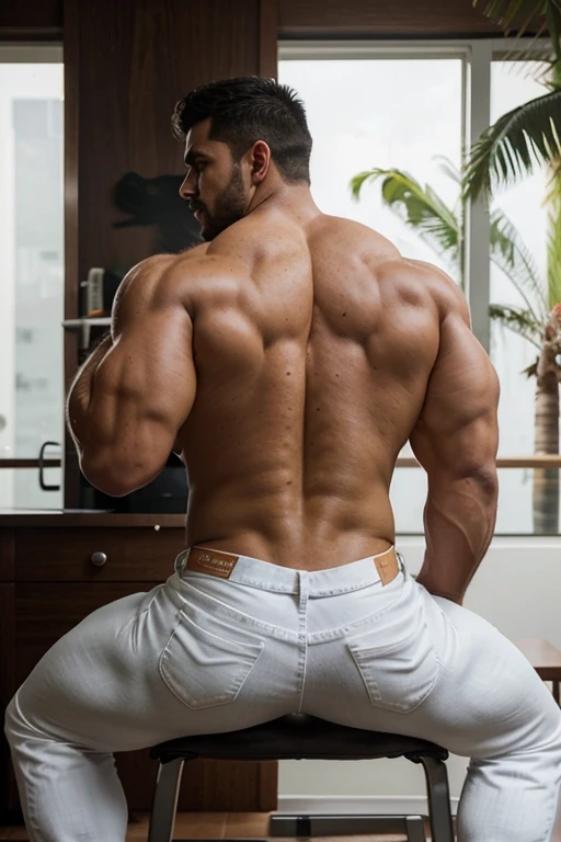 hulk photography, light cinematic heavyweight bodybuilder, 75 kg of complete muscle, Bigote grueso y trozo chino barbudo, hombres muy guapo. perfect body proportion,, hypermuscular nalgon, detailed, realista, white jeans, backside, trasero . Sitting on a chair backside jeans