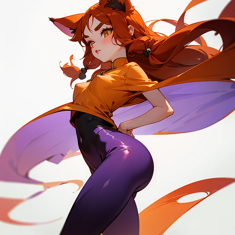 , a young girl with reddish-orange Chinese hair that reaches her shoulders and bangs that reach her forehead, covering her eyebrows and falling to the sides of her face, big yellow eyes with long eyelashes with a seductive look , small nose, rosy cheeks, full red lips, with cat ears, a necklace, no top clothing, she has , round and pink nipples, wide thighs, small and round butt, tight purple leggings, from the front with a white background.