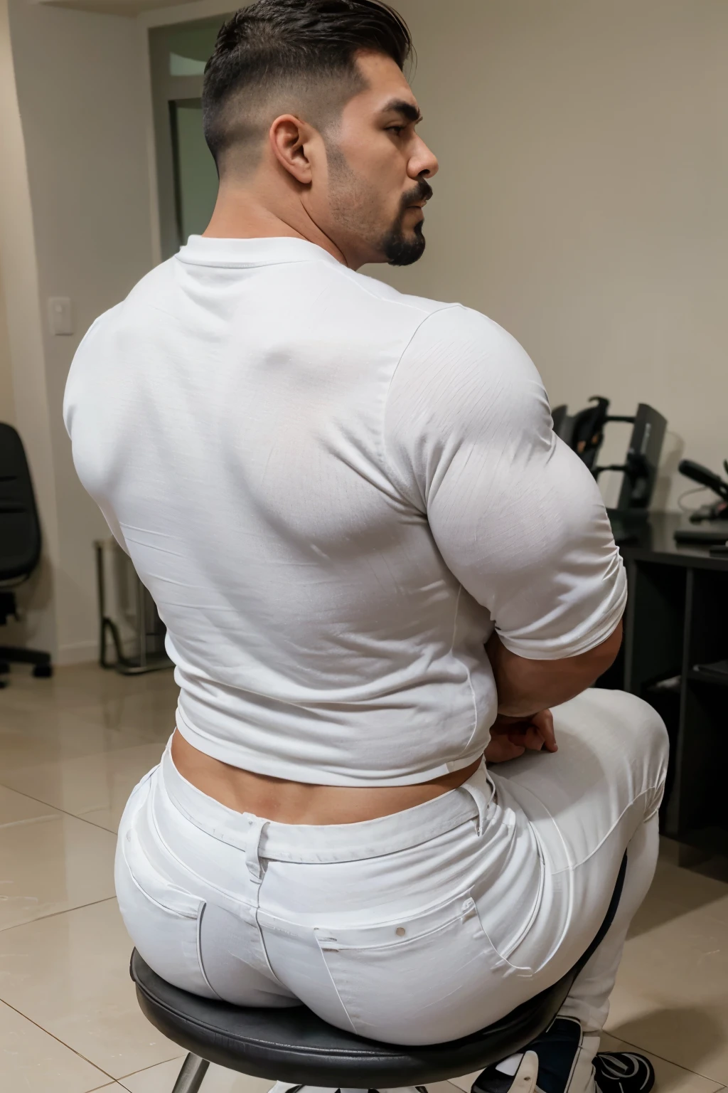 hulk photography, light cinematic heavyweight bodybuilder, 75 kg of complete muscle, Bigote grueso y trozo chino barbudo, hombres muy guapo. perfect body proportion,, hypermuscular nalgon, detailed, realista, white jeans, backside, trasero . Sitting on a chair backside jeans