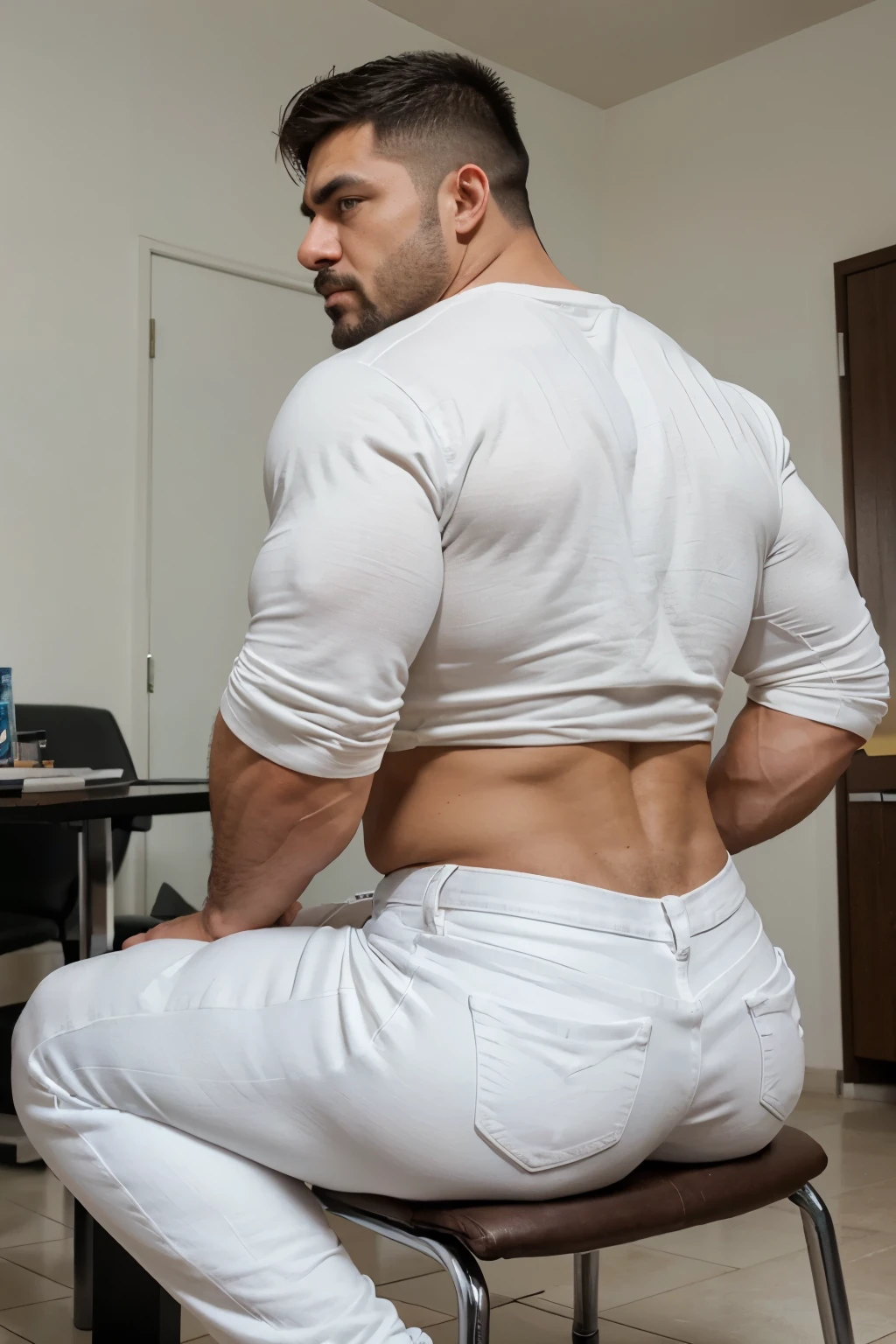 hulk photography, light cinematic heavyweight bodybuilder, 75 kg of complete muscle,  Bigote grueso y trozo chino barbudo, hombres muy guapo. perfect body proportion,, hypermuscular nalgon, detailed, realista, white jeans, backside, trasero . Sitting on a chair backside jeans