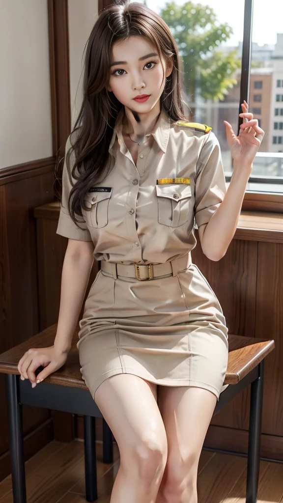 Khaki suit, high-heels, Plump breasts, (Raise your hand., hello), Dynamic posts, khaki civil servant, beautiful girl, Two meter long hair, extra long hair, Dynamic posts, like full body, Khaki short-sleeved shirt, short pencil skirtสีกากี, Decorated with military insignia., high-heelsสีดำ, sexy, small waist, Huge breasts, A gigantic rift, thin body, small thighs, hips up, Long legs, Beautiful face, red lips, แต่งBeautiful face, short pencil skirt, The skirt is very short and tight.., sexy, in the background, The classroom has many students..,