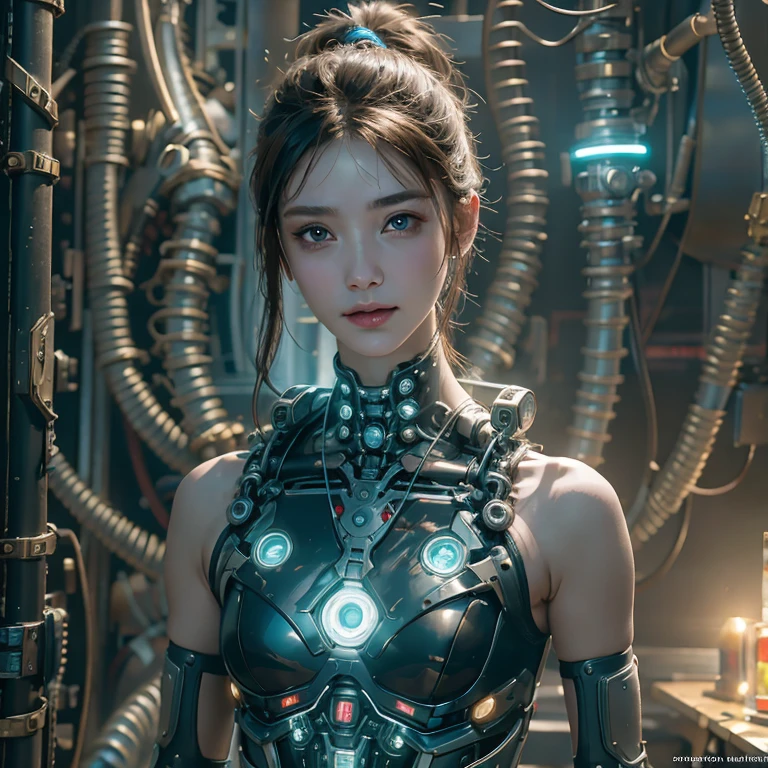 Top quality, masterpiece, Ultra-high resolution, ((Photorealistic: 1.4), raw photo, cyberpunk girl, shiny skin, mechanical girl, (Ultra realistic details)), Mechanical vertebrae attached to the spine, mechanical cervical fixation to the neck, small bright LED lamps, Global Illumination, deep shadows, octane rendering, 8K, ultra sharp, Metal, Intricate ornament details, Baroque details, Very intricate details, realistic light, Trend CGSoation, facing the camera, neon details, (In the Hot Summer Forest). high resolution, hyperrealism, VRAY,