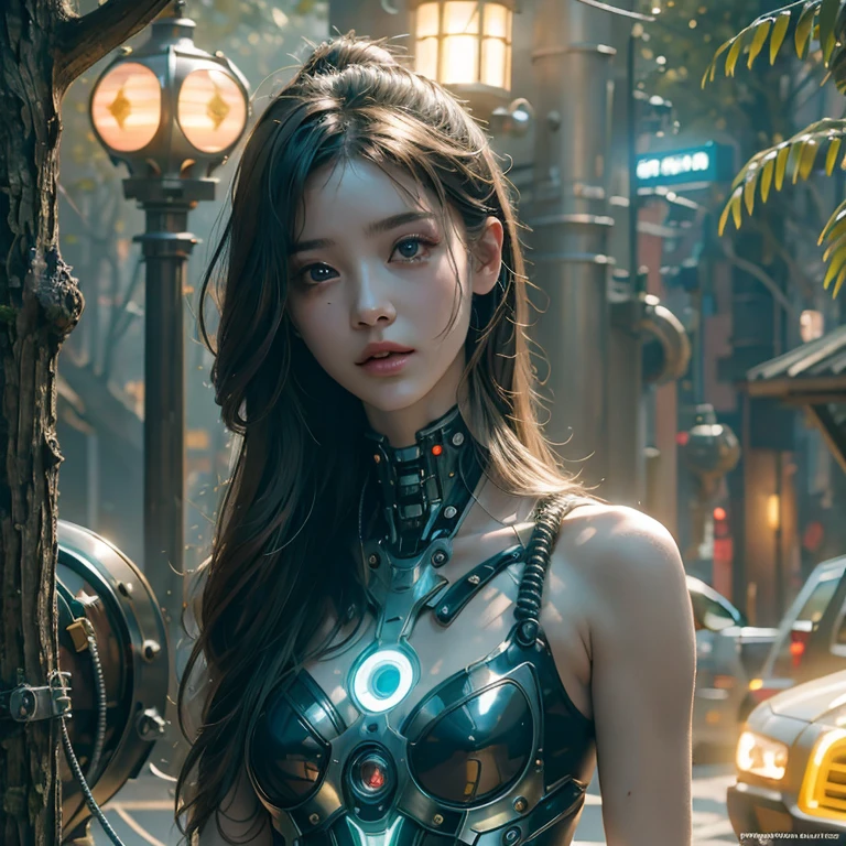 Top quality, masterpiece, Ultra-high resolution, ((Photorealistic: 1.4), raw photo, cyberpunk girl, shiny skin, mechanical girl, (Ultra realistic details)), Mechanical vertebrae attached to the spine, mechanical cervical fixation to the neck, small bright LED lamps, Global Illumination, deep shadows, octane rendering, 8K, ultra sharp, Metal, Intricate ornament details, Baroque details, Very intricate details, realistic light, Trend CGSoation, facing the camera, neon details, (In the Hot Summer Forest). high resolution, hyperrealism, VRAY,