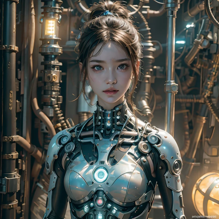 Top quality, masterpiece, Ultra-high resolution, ((Photorealistic: 1.4), raw photo, cyberpunk girl, shiny skin, mechanical girl, (Ultra realistic details)), Mechanical vertebrae attached to the spine, mechanical cervical fixation to the neck, small bright LED lamps, Global Illumination, deep shadows, octane rendering, 8K, ultra sharp, Metal, Intricate ornament details, Baroque details, Very intricate details, realistic light, Trend CGSoation, facing the camera, neon details, (In the Hot Summer Forest). high resolution, hyperrealism, VRAY,