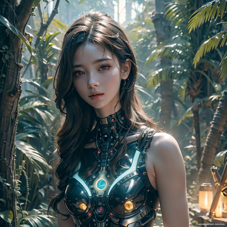 Top quality, masterpiece, Ultra-high resolution, ((Photorealistic: 1.4), raw photo, cyberpunk girl, shiny skin, mechanical girl, (Ultra realistic details)), Mechanical vertebrae attached to the spine, mechanical cervical fixation to the neck, small bright LED lamps, Global Illumination, deep shadows, octane rendering, 8K, ultra sharp, Metal, Intricate ornament details, Baroque details, Very intricate details, realistic light, Trend CGSoation, facing the camera, neon details, (In the Hot Summer Forest). high resolution, hyperrealism, VRAY,