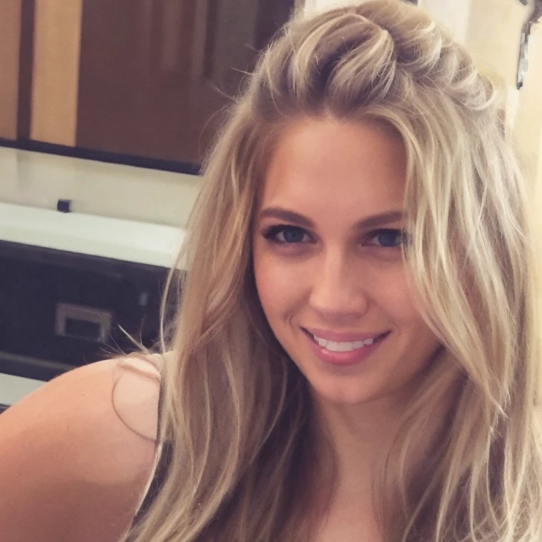 Generate a portrait of a single, attractive blonde woman with long hair, directly facing the camera, capturing her in the natural essence of portrait photography. The image should embody the quality of studio lighting, akin to a photograph produced by a Hasselblad 500 C/M camera. Maintain an aspect ratio of 73:128 and a stylize setting of 750. Aim for high-resolution, clear images that highlight the woman's facial features and hair details without distortion throughout all epochs.