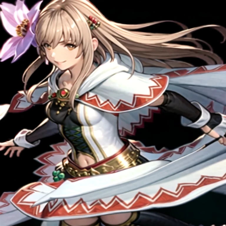 (masterpiece, best quality:1.2,simple background,white background,anime style),1girl,solo,fina \(final fantasy\),brown eyes,blonde hair,fingerless gloves,long hair,looking at viewer,smile,black legwear,flower hair ornament,jewelry,breasts,cape
