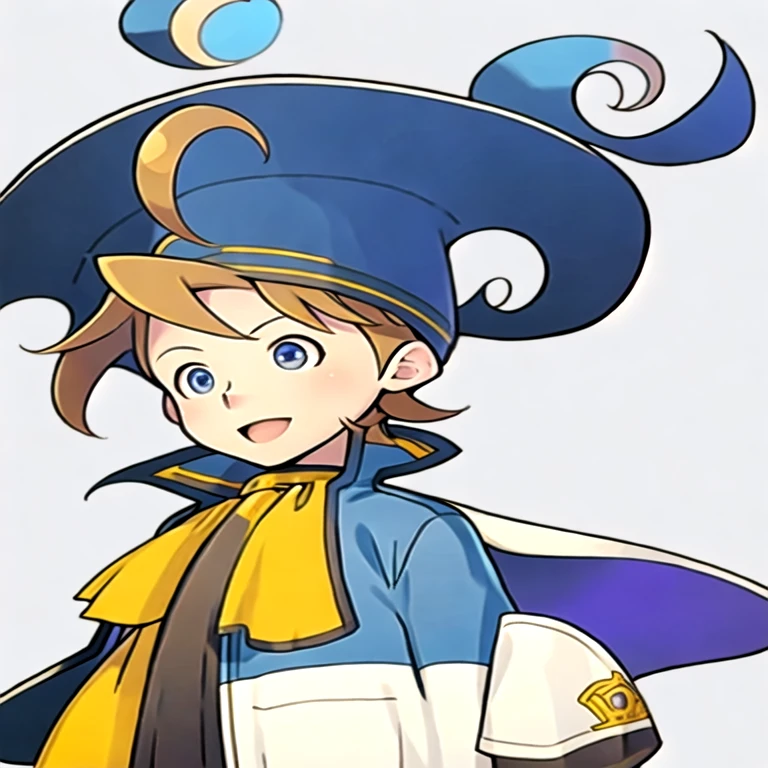 (masterpiece, best quality:1.2,simple background,white background,anime style),1boy,solo,tyro \(final fantasy\),ahoge,brown hair,blue eyes,blue headwear,long sleeves,smile,looking at viewer,yellow cravat
