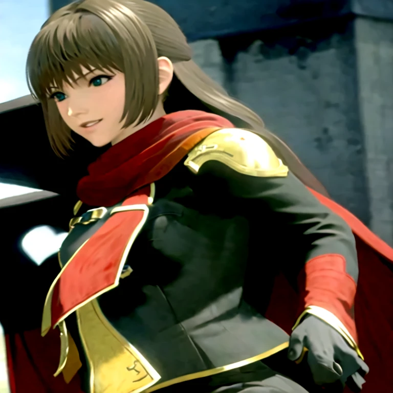 (masterpiece, best quality:1.2,simple background,white background,anime style),1girl,solo,deuce \(final fantasy\),green eyes,brown hair,coat,long sleeves,looking at viewer,red scarf,red cape,long hair,pauldrons,smile