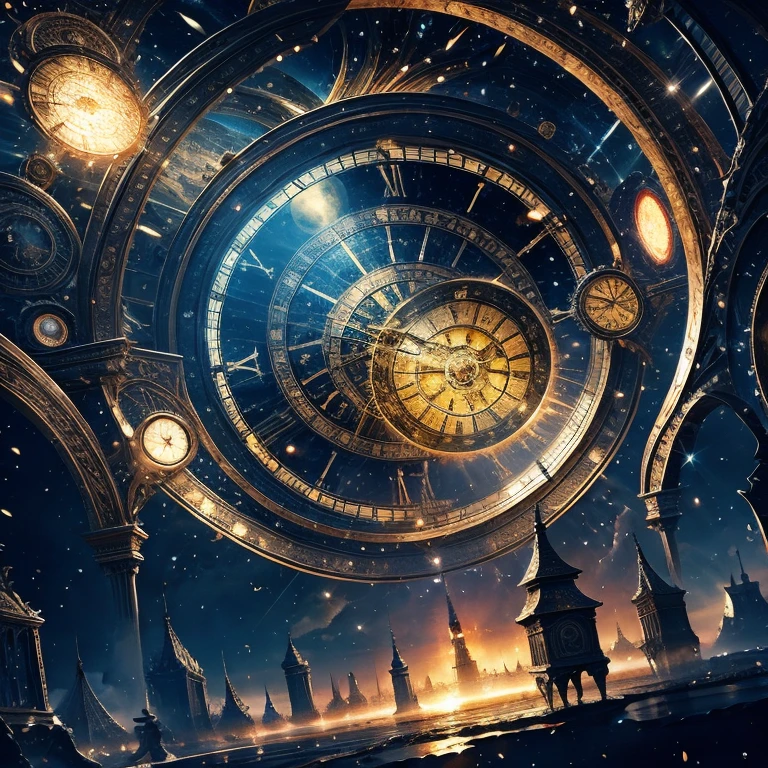 (masterpiece, best quality:1.2), an universe clock illustration, time, dramatic lighting, cinematic lighting, fantasy, detailed scenery, light effect, brightest lighting
