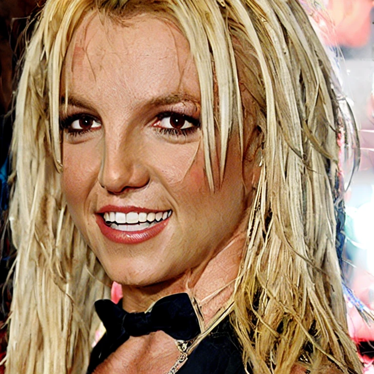 (masterpiece, best quality:1.2), 1girl, solo, B_Sp, Britney Spears, blonde hair, smile, black dress, portrait photograph
