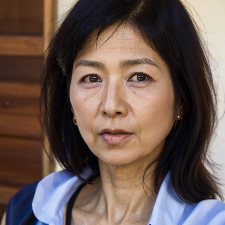 ((Top Quality)), ((8K)), ((Masterpiece: 1.3)), (Perfect Appearance), (Photorealism: 1.6), 1japanese woman, (60 years old), ((Realistic skin texture 1.8)), (Fine wrinkles throughout the skin: 1.3), (Dull skin: 1.1), (Skin without moisture: 1.2) , (Wrinkles on the face: 0.9), (Wrinkles on the corners of the eyes: 1.2), Double eyelids, tear bags on the lower eyelids, (Crying moles: 0.9), The eyes are looking here, serious gaze, (Dimples: 1.2),