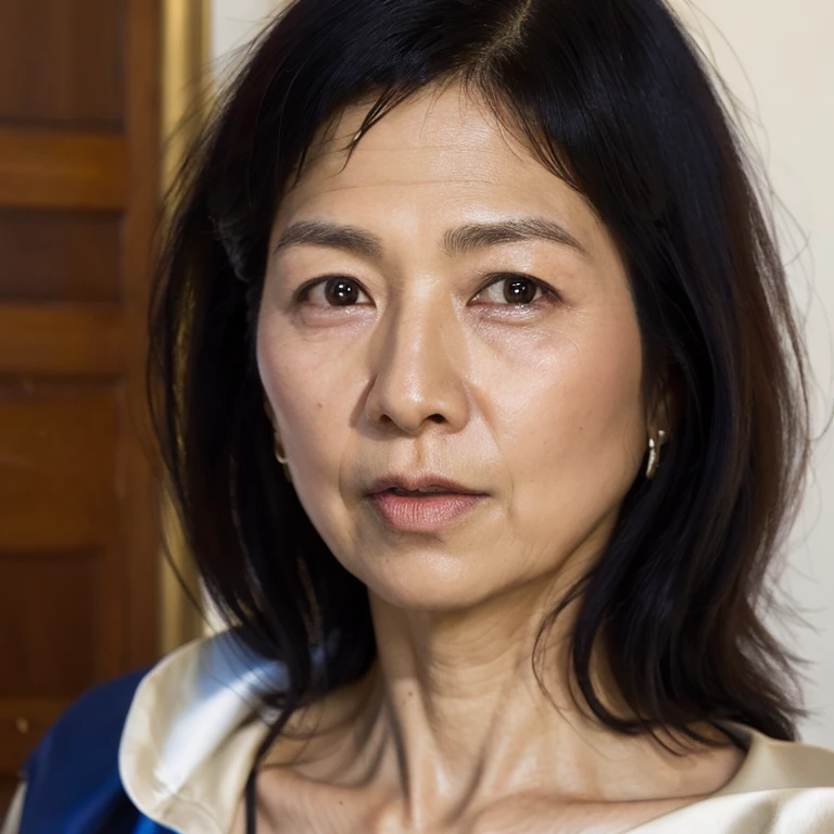((Top Quality)), ((8K)), ((Masterpiece: 1.3)), (Perfect Appearance), (Photorealism: 1.6), 1japanese woman, (60 years old), ((Realistic skin texture 1.8)), (Fine wrinkles throughout the skin: 1.3), (Dull skin: 1.1), (Skin without moisture: 1.2) , (Wrinkles on the face: 0.9), (Wrinkles on the corners of the eyes: 1.2), Double eyelids, tear bags on the lower eyelids, (Crying moles: 0.9), The eyes are looking here, serious gaze, (Dimples: 1.2),