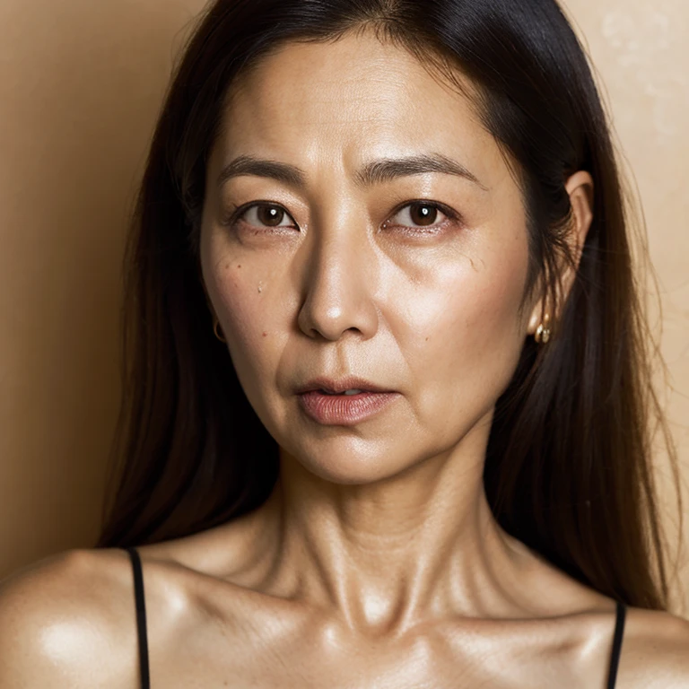 ((highest quality, 8K, masterpiece, portrait: 1.3)), (View audience), ((photorealism)), sharp focus, alone, Moro Islamic Liberation Front of China, beauty,wavy hair, wrinkles around the eyes, to emphasize, ((big breasts:1.3))),，40 years old, (((full nude)))　((((((no makeup))))))　 ((messy hair))　((big breasts))　　black background　((((Get angry))))　((Stand upright with your arms behind your back))