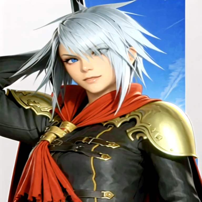 (masterpiece, best quality:1.2,simple background,white background,anime),1girl,solo,sice \(final fantasy\),hair over one eye,silver hair,blue eyes,pauldrons,red cape,neckerchief,coat,looking at viewer,smile,long sleeves