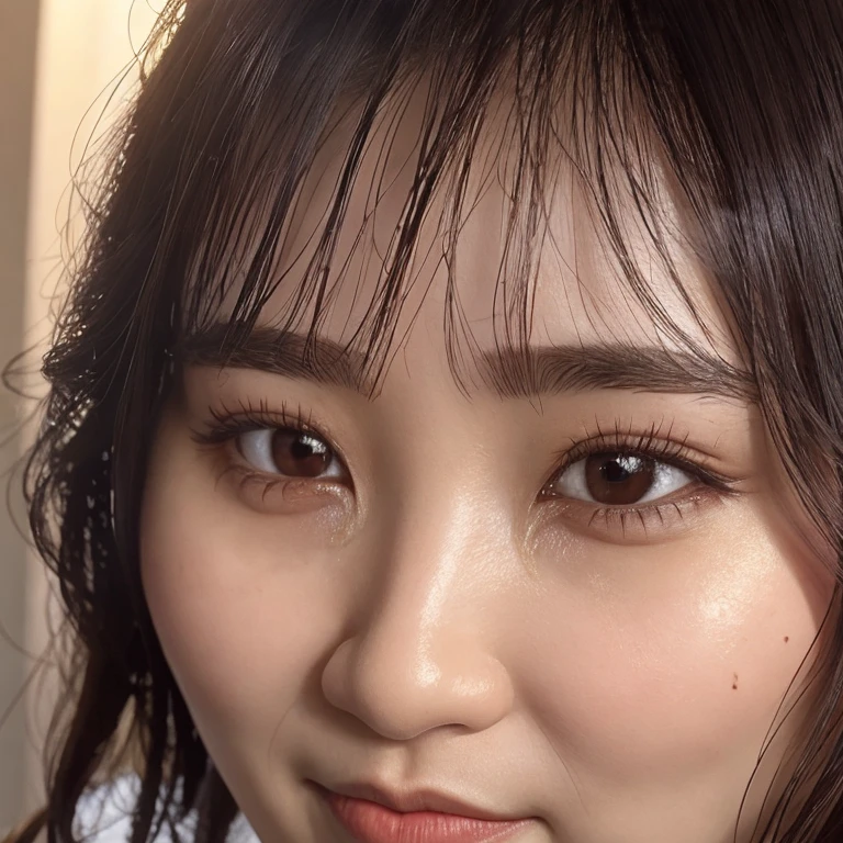 ((Top Quality)), ((8K)), ((Masterpiece: 1.3)), (Perfect Appearance), (Photorealism: 1.6), japanese woman, (22 years old), ((Realistic skin texture)), (Fine wrinkles throughout the skin), (Dull skin), (Skin without moisture) , (Wrinkles on the face: 0.9), (Wrinkles on the corners of the eyes), Double eyelids, tear bags on the lower eyelids, (Crying moles: 0.9), The eyes are looking here, serious gaze, (Dimples),