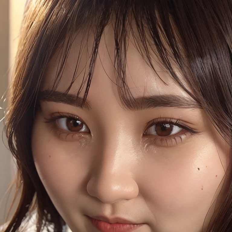 ((Top Quality)), ((8K)), ((Masterpiece: 1.3)), (Perfect Appearance), (Photorealism: 1.6), japanese woman, (22 years old), ((Realistic skin texture)), (Fine wrinkles throughout the skin), (Dull skin), (Skin without moisture) , (Wrinkles on the face: 0.9), (Wrinkles on the corners of the eyes), Double eyelids, tear bags on the lower eyelids, (Crying moles: 0.9), The eyes are looking here, serious gaze, (Dimples),