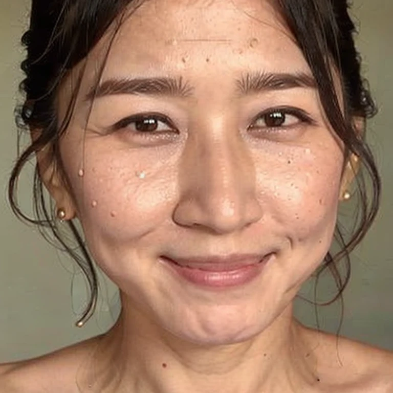 ((Top Quality)), ((8K)), ((Masterpiece: 1.3)), (Perfect Appearance), (Photorealism: 1.6), japanese woman, (32 years old), ((Realistic skin texture)), (Fine wrinkles throughout the skin3), (Dull skin), (Skin without moisture) , (Wrinkles on the face), (Wrinkles on the corners of the eyes), Double eyelids, tear bags on the lower eyelids, (Crying moles), The eyes are looking here, serious gaze, (Dimples: 1.2),