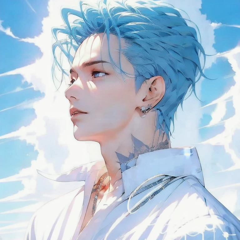 (masterpiece, best quality:1.2), a handsome boy looks at the sky, wind blow, beautiful sky, bright sky, cinematic lighting, strong jawline, detailed eyes