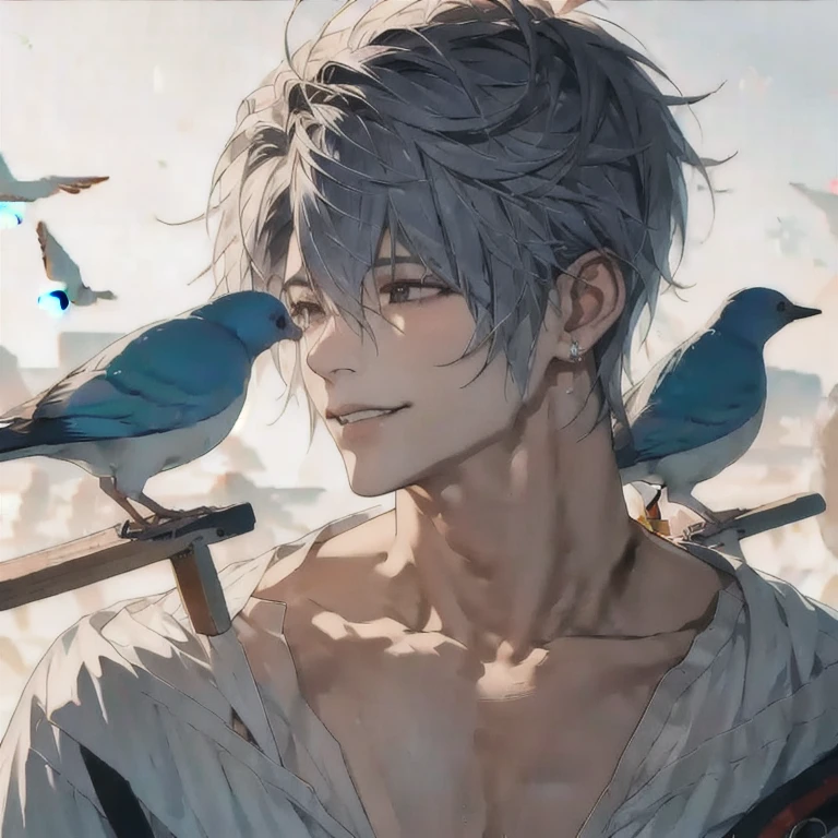 (masterpiece, best quality:1.2), a handsome boy looks at a bird, smile, beautiful sky, bright sky, cinematic lighting, strong jawline, detailed eyes