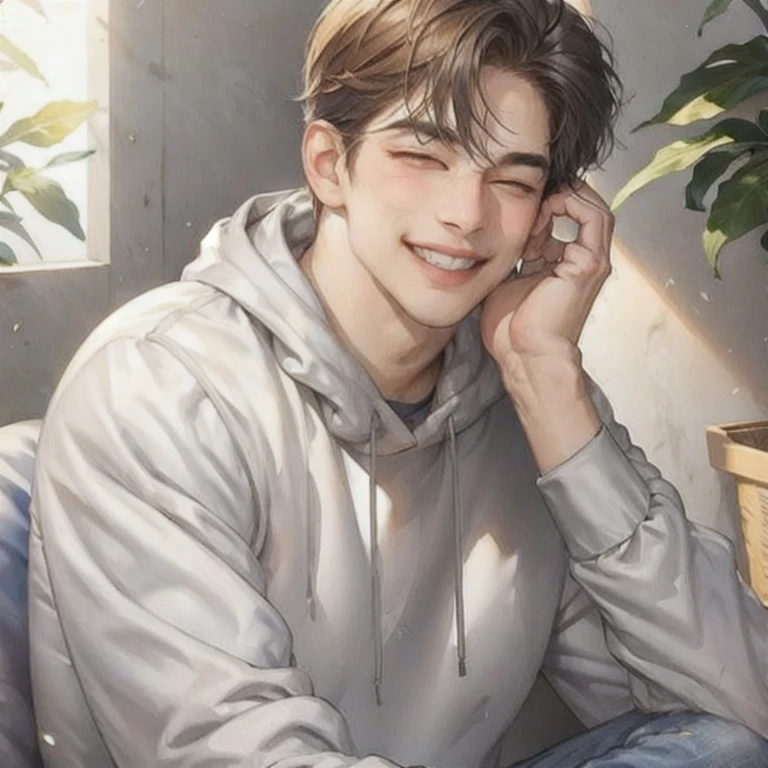 (masterpiece, best quality:1.2), a handsome men is smiling brightly, sharp eyes, closed eyes, muscular, buffs, detailed eyes, soft light, cinematic scenery, 1men, solo men, 1 person, colorful background