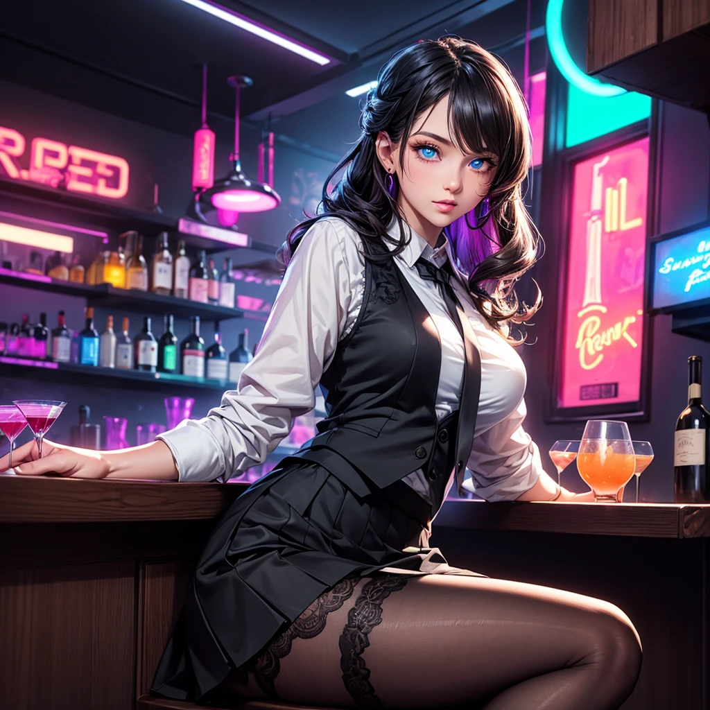 a lady, permanent, bartender, ((Black vest with white shirt) black tie), (black skirt with black lace stockings high heels), Stylish clothing, adult, Sexy, black hair, very long wavy hair, half updo half up half down, shine blue eyes, long upper eyelashes, most detailed eyes, light makeup, seductive expression eyes, (seductive smile:0.8), (Masterpiece best quality:1.2) Exquisite illustrations and super detailed, Medium breast, detailed face, high quality hair, super detailed finger, BREAK, ((Colorful neon lights:1.37) hang on the wall), (Neon tube:1.37), glowing, rest, (Fashion bar:1.2), indoors, ((cocktail glass) Filled with colorful wine), (The room is dimly lit), wine bottle, Art Deco, Detailed background, BREAK, Super textured skin, super detail face, perfect face, Super fine facial details, beautiful and delicate eyes, perfect eyes, correct limbs, (correct finger), super detail finger, best hair quality, best clothing quality, best prop quality, best backgroud detail and quality, anatomically correct, best quality, highres, award winning