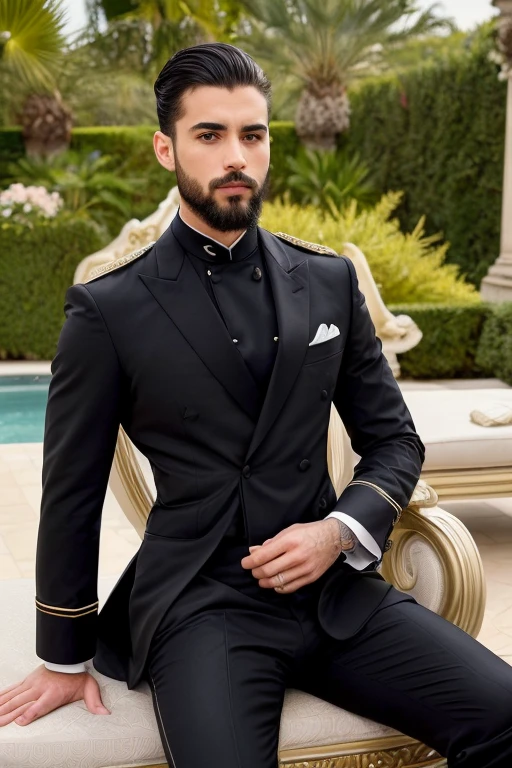 ((demi-corps)) RAW Photo homme assis sur une chaise de bureau, porter vêtements prince arabe homme riche, (Utiliser une barbe foncée et attrayante), (Impeccable) ,Serious and elegant man, with thick male eyebrows, style homme, (with a mysterious and serious face,) cheveux bruns courts, dark black background image,Elegant and refined, homme semblable à l'prince arabe, main libre. Villa background image, pas de tatouage ( image de haute qualité et réaliste), ((best quality, 8K, chef-d'artwork).