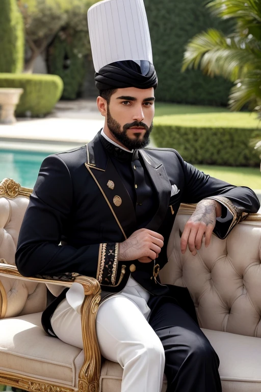 ((demi-corps)) RAW Photo homme assis sur une chaise de bureau, porter vêtements prince arabe homme riche, (Utiliser une barbe foncée et attrayante), (Impeccable) ,Serious and elegant man, with thick male eyebrows, style homme, (with a mysterious and serious face,) cheveux bruns courts, dark black background image,Elegant and refined, homme semblable à l&#39;prince arabe, main libre. Villa background image, pas de tatouage ( image de haute qualité et réaliste), ((best quality, 8K, chef-d&#39;artwork).
