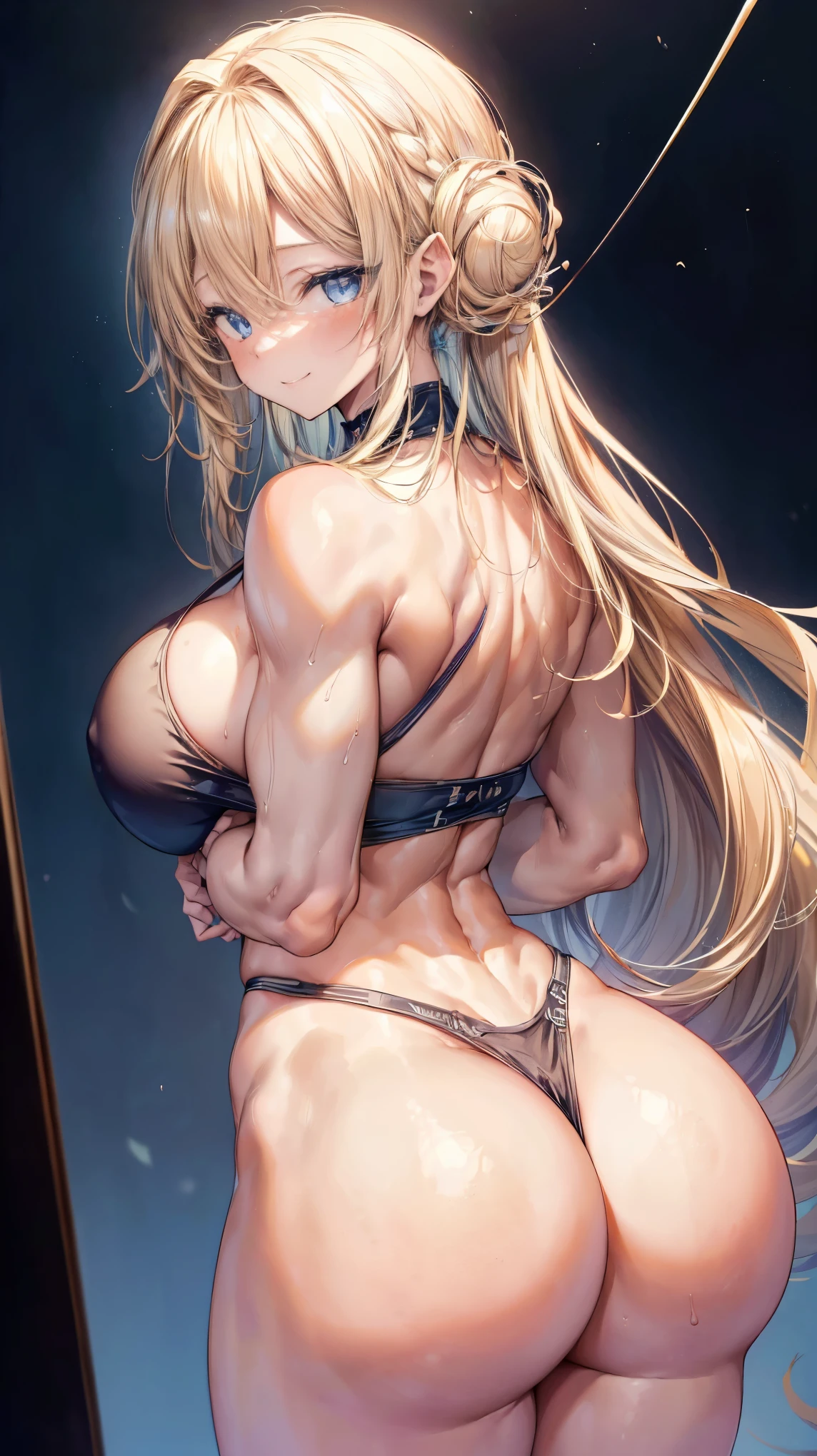 sensual, ((long blonde curly hair)), thick thighs, 8k, 4k, highest quality, High resolution:1.2), cute anime face, noise reduction, ((shining blue eyes, gentle smile, kind eyes))、toned abdominal muscles, muscular arms, muscular legs, young face, anime eyes, (((big breasts、A chest that is about to burst)))、(((bondage style)))、(((Rear view、I'll turn around、emphasize the buttocks、T-back that digs into your butt)))、(((white string)))