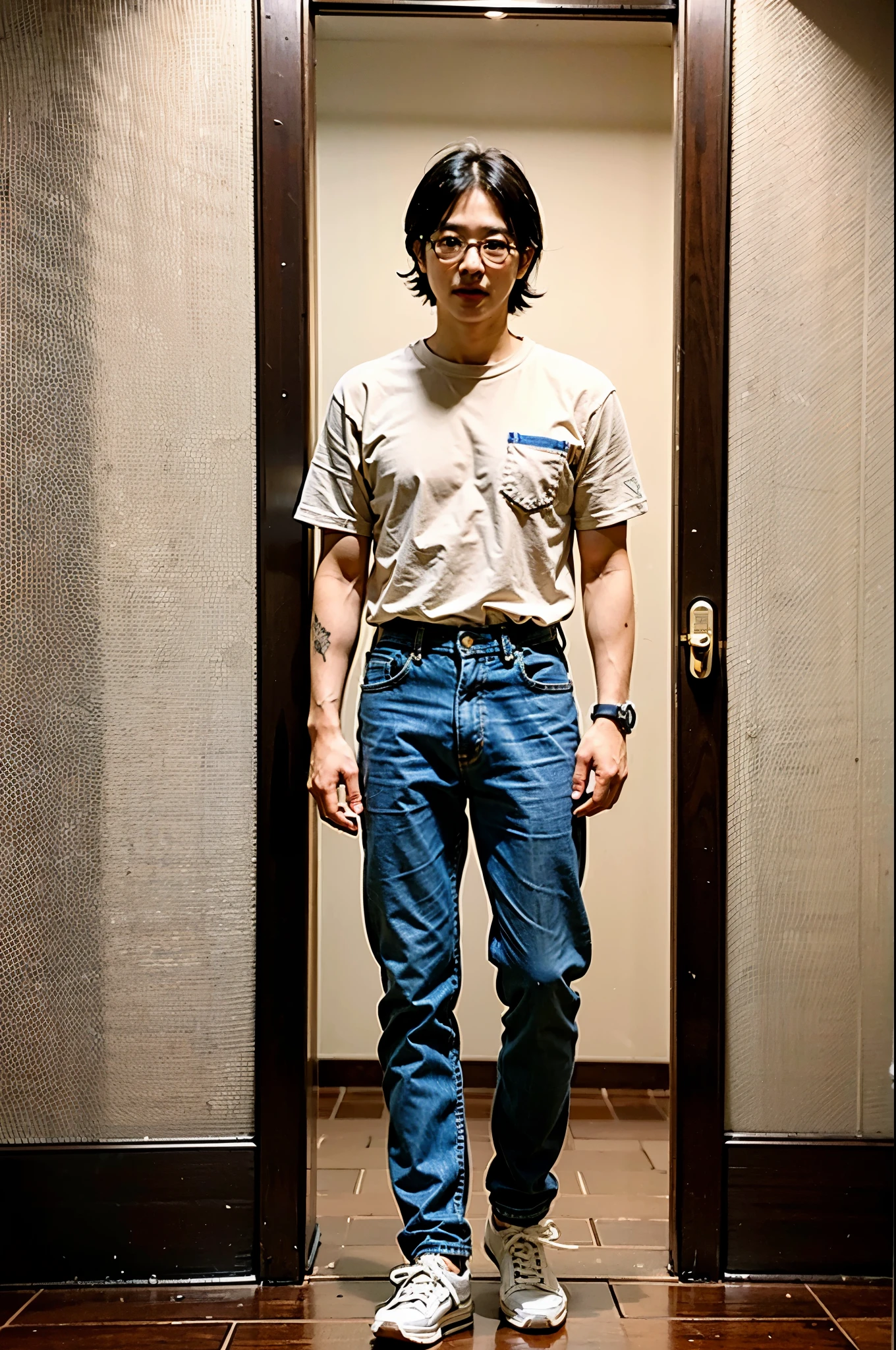 The image features a Japanese man in full body, 30 anos usando oculos, ele tem cabelo azulado e esta de terno azul e gravata, jeans and shirt, The man is standing alone with his arm extended in front of him. He appears to be pointing at something or someone, possibly drawing attention to an important detail. A cena tem um fundo preto, which helps to emphasize the character&#39;s presence and actions. Fundo preto