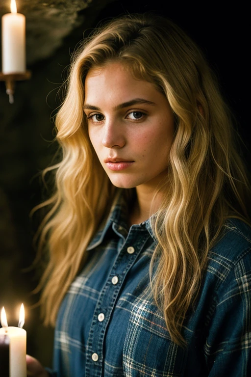 photograph of a woman, (troubled facial expression), textured skin, goosebumps, blonde afro hair, plaid flannel shirt with distressed boyfriend jeans, cowboy shot, dark and mysterious cave with unique rock formations and hidden wonders, perfect eyes, (candlelight,chiaroscuro), Porta 160 color, shot on ARRI ALEXA 65, bokeh, sharp focus on subject, shot by Don McCullin