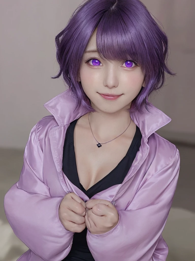 solo, looking at viewer, blush, smile, short hair, open mouth, bangs, shirt, long sleeves, 1boy, hair between eyes, jewelry, purple eyes, jacket, upper body, purple hair, :d, male focus, pink eyes, necklace