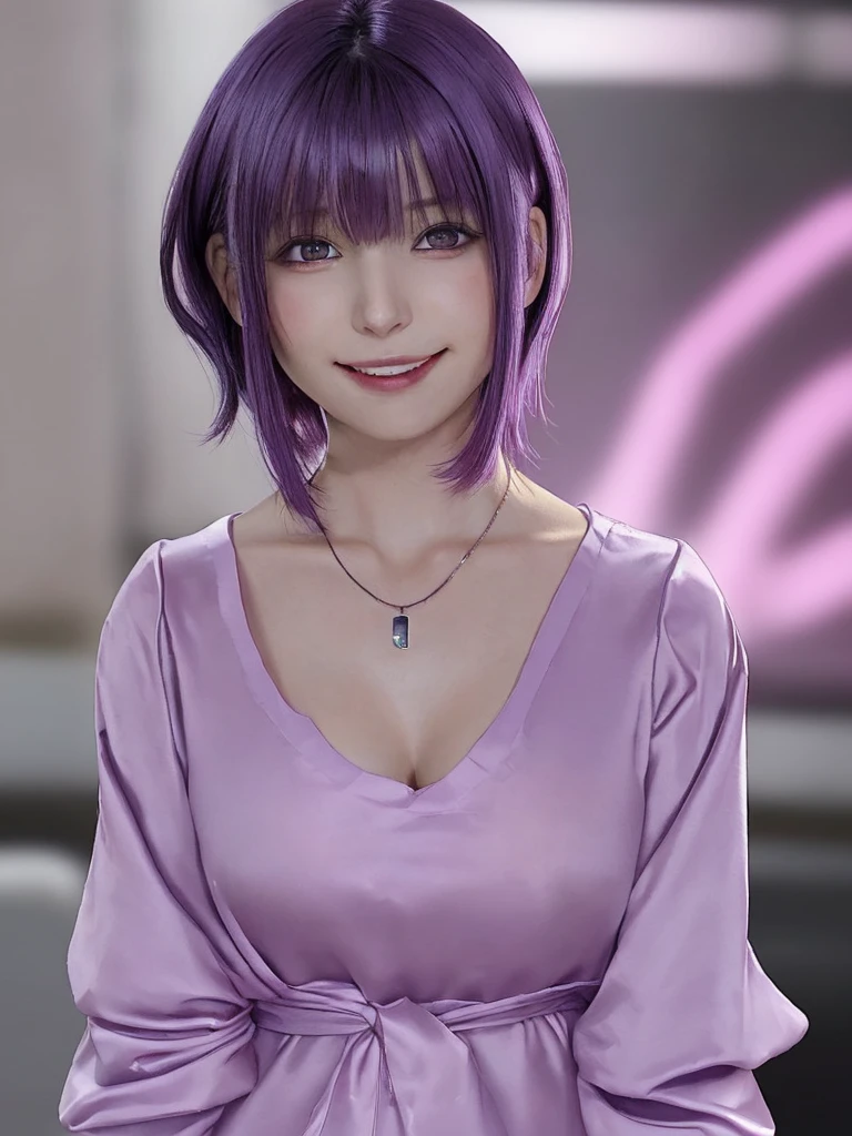 solo, looking at viewer, blush, smile, short hair, open mouth, bangs, shirt, long sleeves, 1boy, hair between eyes, jewelry, purple eyes, jacket, upper body, purple hair, :d, male focus, pink eyes, necklace