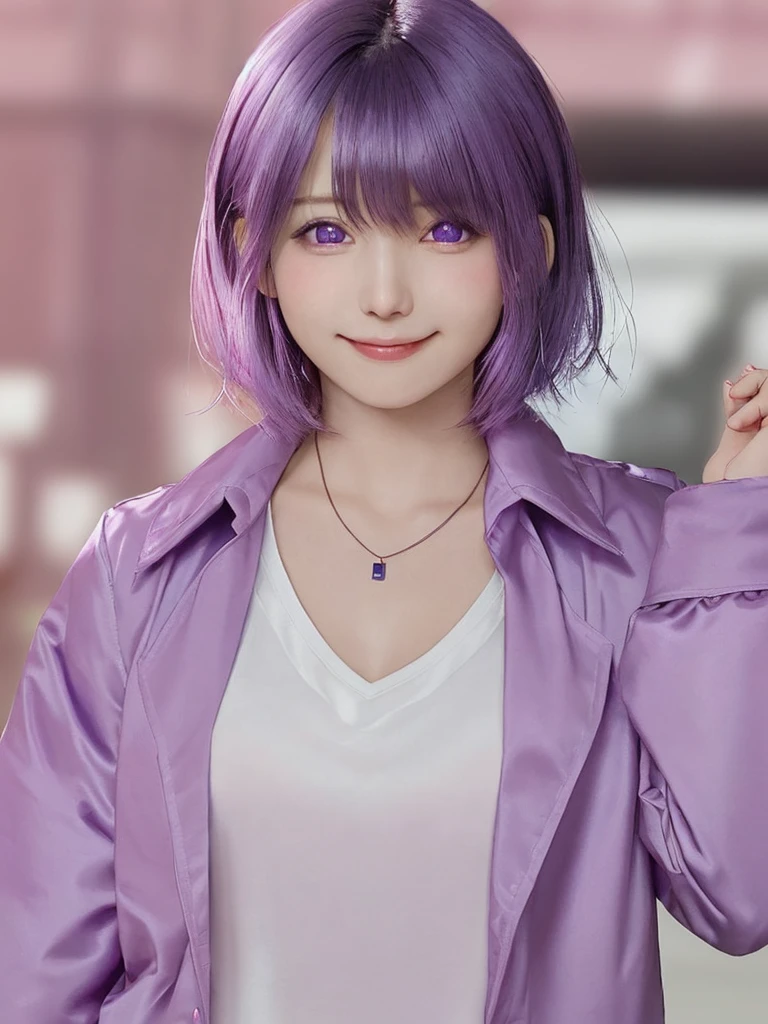 solo, looking at viewer, blush, smile, short hair, open mouth, bangs, shirt, long sleeves, 1boy, hair between eyes, jewelry, purple eyes, jacket, upper body, purple hair, :d, male focus, pink eyes, necklace