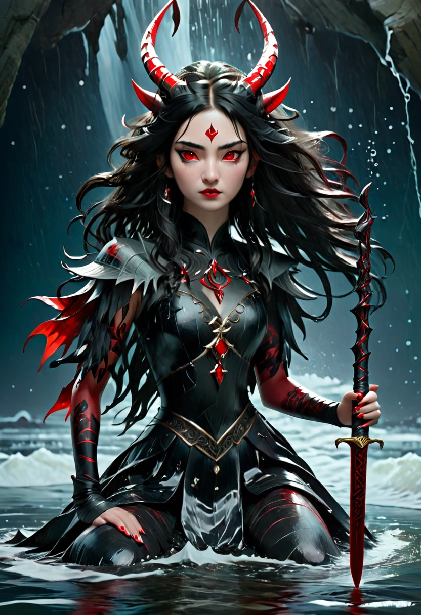 ((Sitting In the sea)) ((is an acient spirit readinf a black book)) red shard horns attached to her head, ((black writings in black ink on her legs and arms)) ((full body)) long claw extended from her hands.((mixed colors of red and black on her hand)) next to her is a girl with long black hair wearing a white ljnmen dress ((lying next to a tall siberian sword in the ground))"