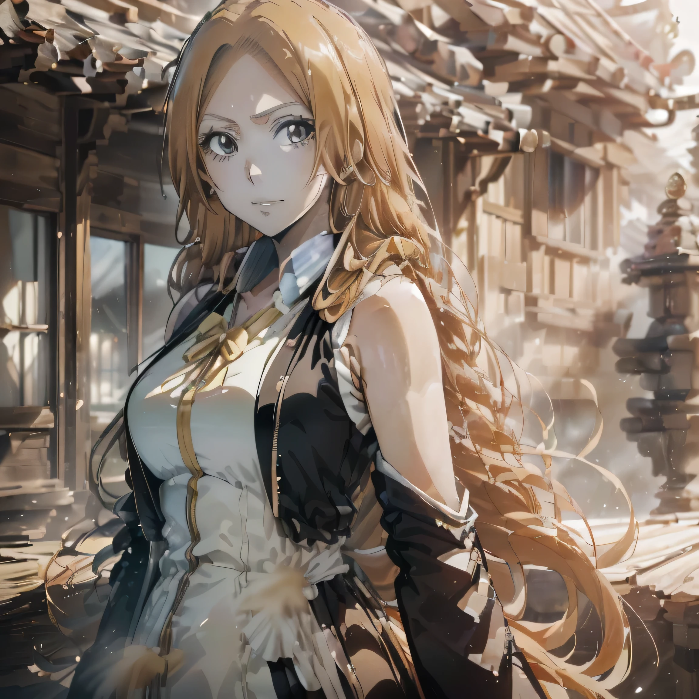 ((Orihime Inoue from the anime "Bleach," (obra maestra, ultra detallado), Best Quality, 1 girl in, a blond-haired anime boy with red hair and wearing a black jacket standing nearby, holding a cigarette, 8K resolution!
((Her beautiful and intricately detailed features are on full display as she stands still, looking at the viewer with a gentle smile. Orihime's long, flowing blond hair cascades down her back, gently swaying in the breeze. Her black sleeveless chopper jacket is unzipped, revealing the collar of her white shirt beneath, which is adorned with a yellow ribbon. Her